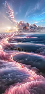 Fantasy art wallpaper with pink and blue cloudscape swirls.