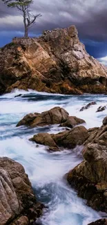 Majestic coastal cliff with ocean waves and dramatic sky for mobile wallpaper.