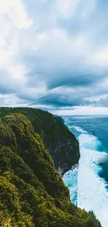 Majestic view of ocean cliffs under a dramatic cloudy sky.