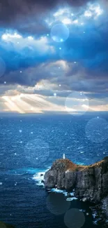 Dramatic coastal lighthouse under a stormy sky.