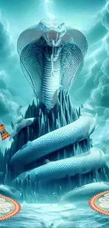 Cobra atop dramatic icy mountain with cloudy sky.