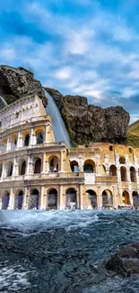 Colosseum juxtaposed with a stunning waterfall under a vibrant blue sky.