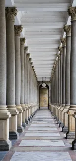 A grand corridor lined with classical columns in a majestic architectural setting.