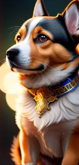 Majestic corgi with ornate collar in soft, warm glow.