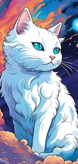 Illustrated cat in cosmic scenery with vibrant colors and clouds.