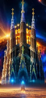 Majestic cathedral set in a cosmic landscape with vibrant blue and orange tones.