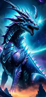 Majestic blue dragon in a cosmic galaxy scene with vibrant colors.