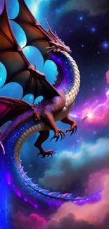 Vibrant cosmic dragon against colorful galaxy backdrop.