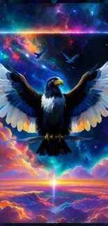 Majestic eagle soaring in a cosmic sky.