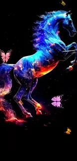 Majestic cosmic horse with butterflies and vibrant tones.