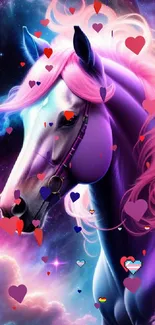 Majestic horse with pink mane against cosmic purple background.