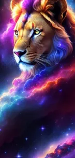 Majestic lion head with vibrant cosmic colors in mobile wallpaper.