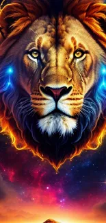 Majestic lion in a cosmic galaxy setting with vibrant colors.