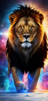 Majestic lion with cosmic backdrop in vibrant colors.