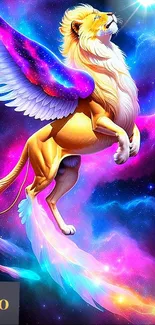 Illustration of a cosmic lion with wings in a galaxy scene.