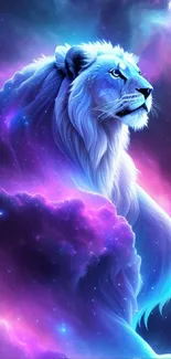 Majestic lion amidst vibrant cosmic nebula in galaxy-themed wallpaper.