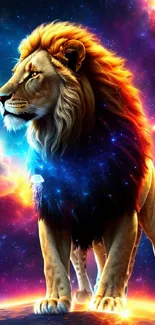 Stunning wallpaper of a majestic lion against a cosmic background.