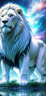 Majestic white lion with glowing cosmic background.