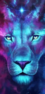 Vibrant cosmic lion wallpaper with blue and purple hues.