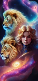 Fantasy cosmic wallpaper with majestic lions and a regal figure, set in a vibrant galaxy.