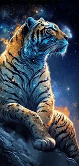 Tiger sitting on a rock with a cosmic starry background.