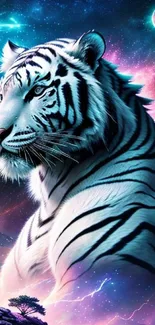 White tiger in a cosmic night sky wallpaper.