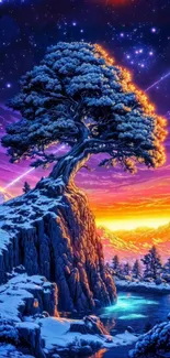 Majestic tree illuminated under a vibrant night sky with snowy landscape.