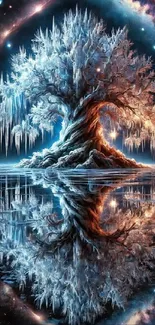 A cosmic icy tree reflecting on water with a galaxy background.