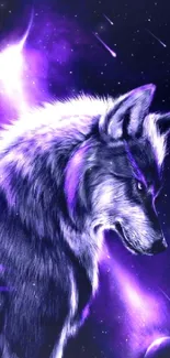 Mystical wolf in purple cosmic landscape.