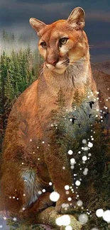 Majestic cougar sitting in a serene forest with artistic elements.