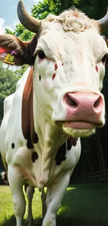 Close-up of a cow in a lush green forest setting.