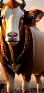 Majestic cow adorned in sunrise light, showcasing nature's beauty.