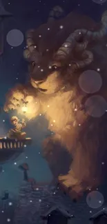 Fantasy art with a mystical creature under a starry night sky holding a lantern.