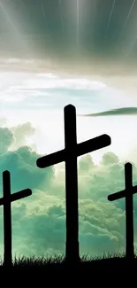 Spiritual cross wallpaper with a serene sky background, perfect for mobile screens.