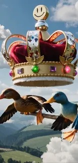 Majestic crown and flying ducks in cloudy sky wallpaper.
