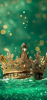 Golden crown on emerald water with sparkles.