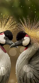 Two majestic crowned cranes with golden plumage.