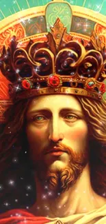 Portrait of a majestic figure with a golden crown on a colorful background.