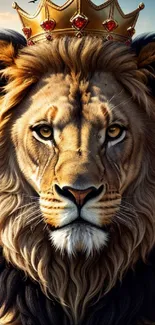 Majestic lion with a royal gold crown in a nature setting.