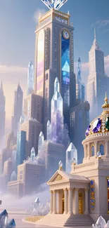 Majestic crystal city with sparkling towers and sky blue hues.