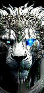 Majestic cyber lion with glowing blue eyes and digital effects.