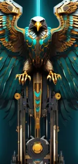 Cybernetic eagle with teal and gold hues in a neon setting.