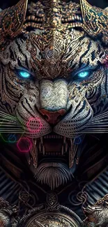 Cybernetic tiger with glowing blue eyes on intricate copper background.