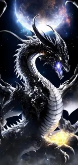 Dynamic artwork of a cosmic dragon in a dark celestial setting.