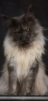 Dark grey cat with yellow eyes on a black background wallpaper.