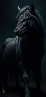 Mystical dark horse in shadowy background with ethereal glow.