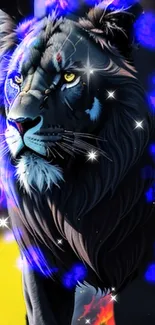 Illustrated lion with blue glow and starry accents on mobile wallpaper.