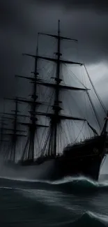 Majestic ship sailing through dark, stormy waters, enhancing mystery.