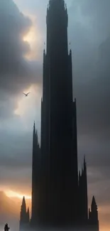 Mysterious dark tower beneath dramatic skies at dusk.