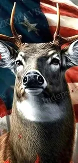 Deer with American flag backdrop phone wallpaper.